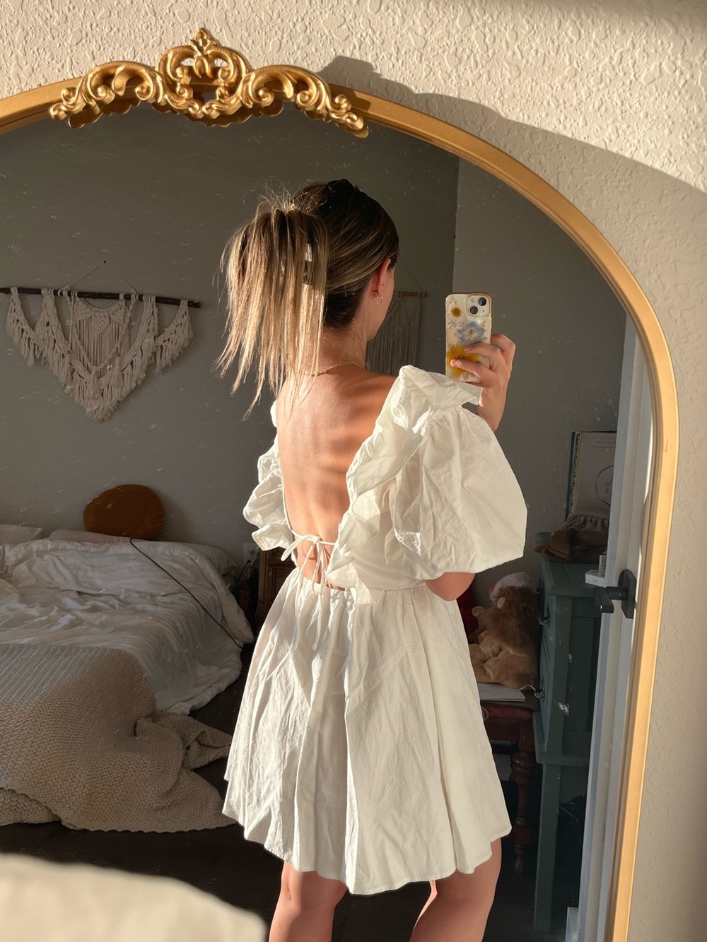 SABO White Open-Back Puff Sleeve Mini Dress XS